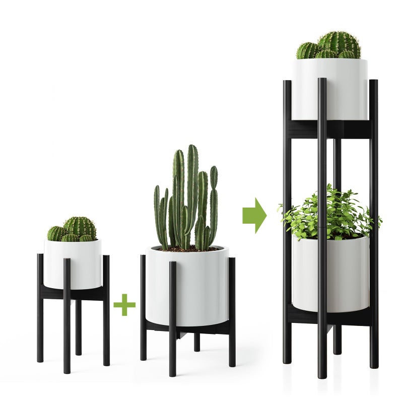 MUDEELA 2 Pack Indoor Plant Stands, 2 Tier Tall Plant Stand 30 inches, Mid Century Bamboo Plant Stand, Adjustable Width 8 - 12 inches, Fits Pot Size of 8 9 10 11 12 inches Pot & Plant Not Included, Black - Image 1